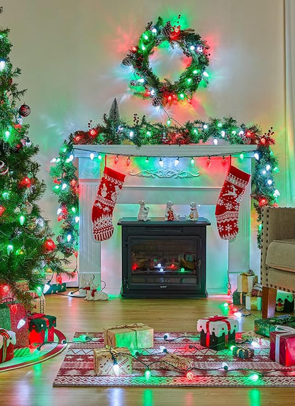 Brightown C9 Christmas Lights Outdoor, 114FT 150 LED String Lights with Timer, 8 Modes, UL Listed Waterproof Christmas Tree Lights for House Roof Garden Patio Decor, Red Green and Pure White