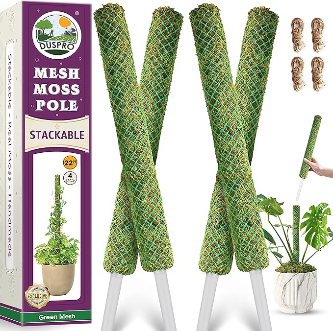Duspro Green Stackable Mesh Moss Pole for Climbing Vines, Supporting Monstera Trellis, Extendable Plant Pole Moss Sticks, Potted Plant Stakes (4 Pack, 71'')