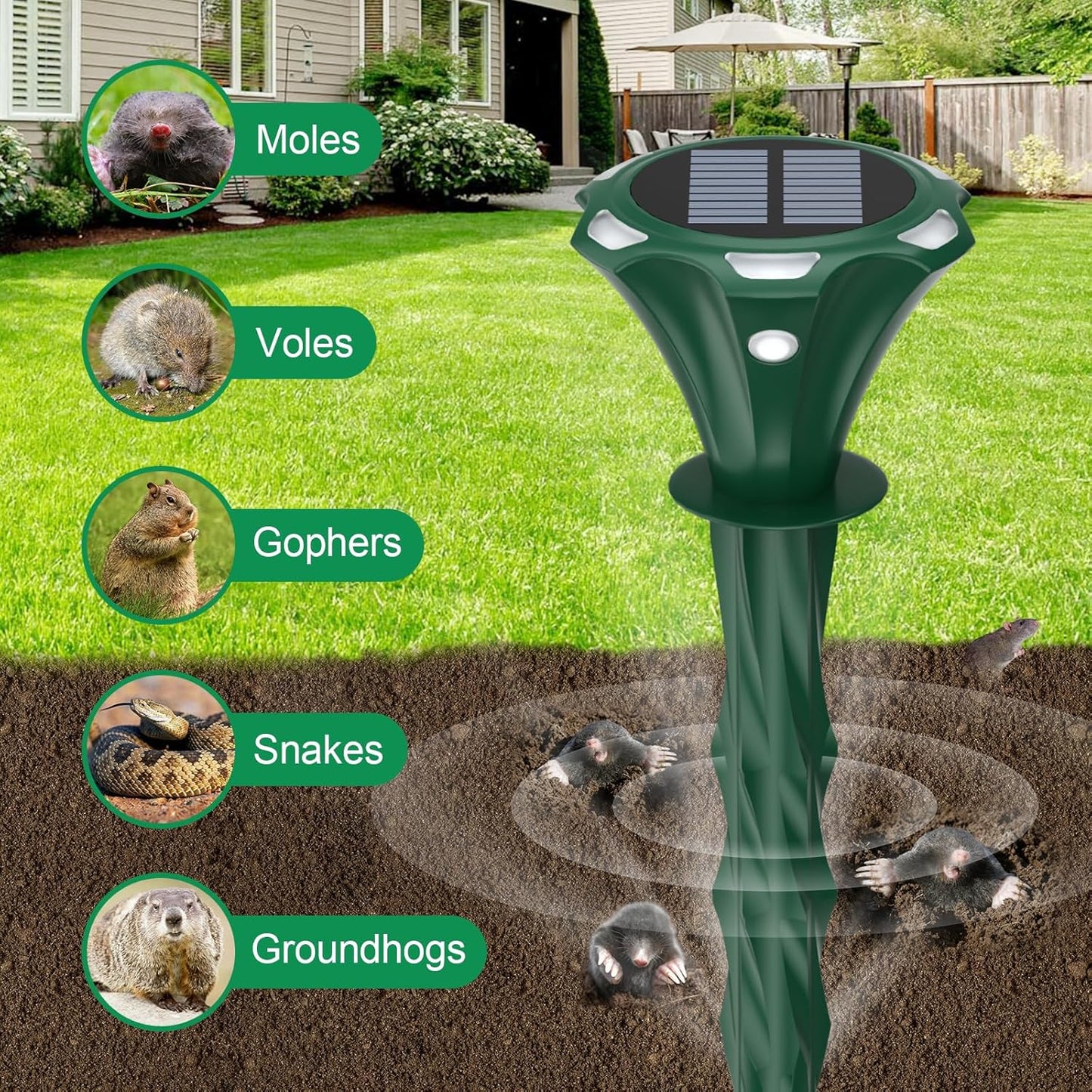 Mole Repellent Solar Powered Ultrasonic Solar Mole Deterrent Stakes for Lawn, Gophers Groundhog Snake Voles Rat Repellent for Yard Outdoor, Auto LED Lights at Night (Pack of 4)