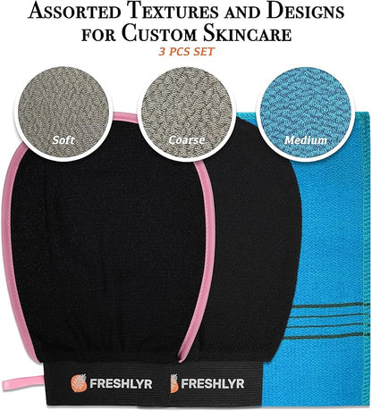 Exfoliating Gloves (3 Pcs) – Korean Body Scrubber Mitt for Shower & Bath, Deep Cleansing & Dead Skin Remover, Multi-Texture Exfoliator for Smooth & Glowing Skin