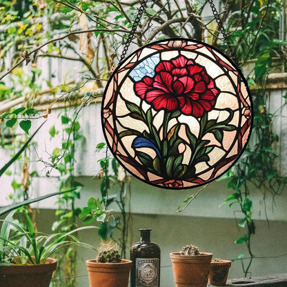Stained Glass Window Hanging - Red Carnation Birth Flower Sun Catcher for Door Garden Home Decor Suncatcher Christmas Mother's Day Birthday Gifts for Women Men Mom Nana Friend Wife 6.3 in