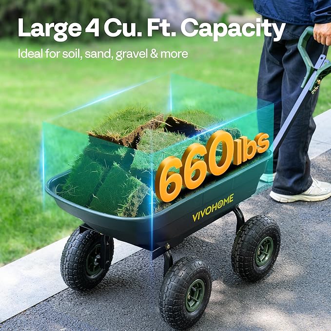 VIVOHOME 4 Cu.Ft 660lbs Wheelbarrow Garden Cart Dump Wagon with 2-in-1 Convertible Handle Attach to ATV or Tractor, 10" All Terrain Wheels, Quick Release System, Heavy Duty Utility Trailer for Yard