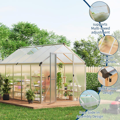 6x10 ft Greenhouse for Outdoors, Polycarbonate Greenhouse with Roof Vent, Ground Nails, Lockable Push Door, Aluminum Large Walk-in Green House for Outside Garden Backyard, Patio, Lawn, Silver