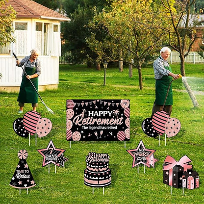 Yulejo 8 Pieces Retirement Yard Sign Decorations Happy Retirement Yard Signs Retirement lawn Sign with Stakes for Outdoor Retirement Party Supplies 16inch (Rose Gold and Black)