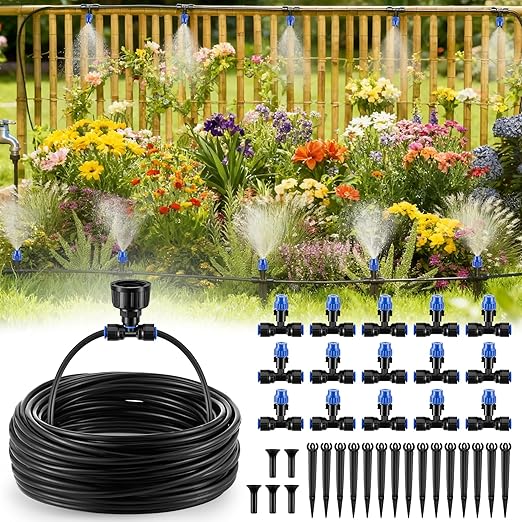 Meonum 65FT Garden Watering System, Quick Connector Drip Irrigation Kit, Hanging Plant Misting System Kit for Greenhouse, Yard, Lawn, Raised Bed with 1/4 inch Blank Tubing and Accessories(1 Pack)