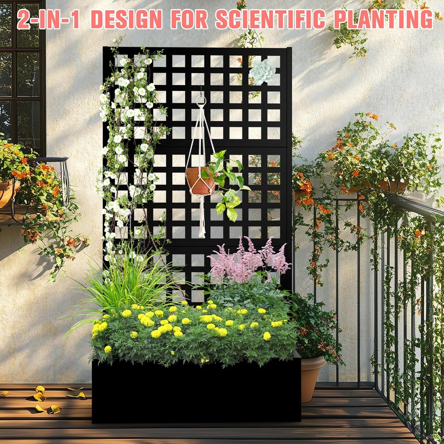Metal Planter Box with Trellis, Raised Garder Bed with Drainage Hole, Outdoor Privacy Screen & Trellis for Climbing Plants, Plant Stands, 35''L×17''W×71''H, Black