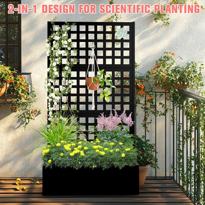 Metal Planter Box with Trellis, Raised Garder Bed with Drainage Hole, Outdoor Privacy Screen & Trellis for Climbing Plants, Plant Stands, 35''L×17''W×71''H, Black