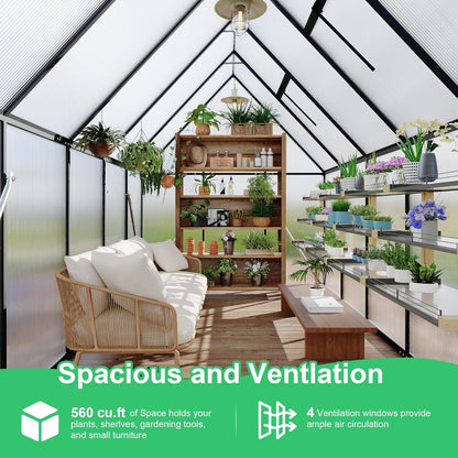 6'x9' Aluminum-Framed Polycarbonate Greenhouse, Heavy Duty Polycarbonate Greenhouse with Quick Setup Structure and Roof Vent, Large Enhanced Aluminum GreenhouseKit for Outdoors