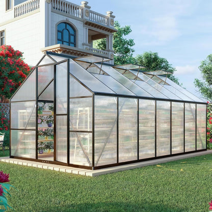 CQZY 8x14 FT Greenhouse for Outdoors, Polycarbonate Greenhouse with Quick Setup Structure and Roof Vent, Aluminum Large Walk-in Green House for Outside Garden Backyard, Dark Gray