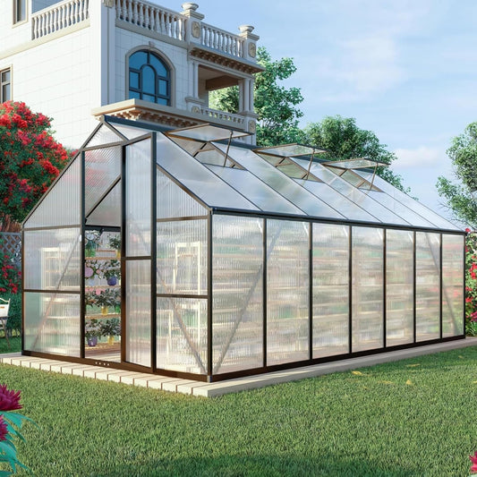 CQZY 8x14 FT Greenhouse for Outdoors, Polycarbonate Greenhouse with Quick Setup Structure and Roof Vent, Aluminum Large Walk-in Green House for Outside Garden Backyard, Dark Gray