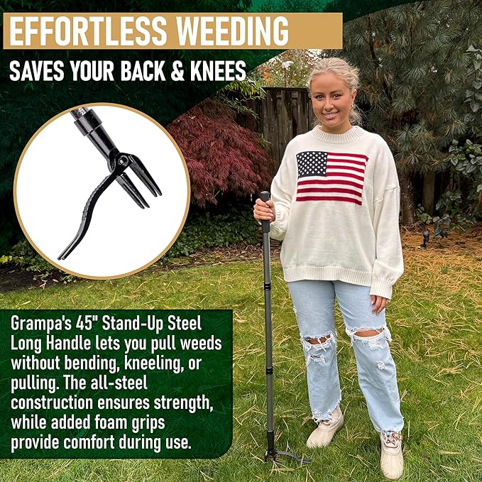 Grampa's Metal Weeder - Stand Up Weed Puller Tool with Steel Long Handle - Made with All Steel Handle & 4-Claw Steel Head - Easily Remove Weeds Without Bending, Pulling, or Kneeling (Green)