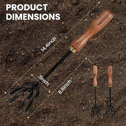 Hand Cultivator Rake, Ergonomic Small Garden Rake with Walnut Handle & 4 Durable Tines, Garden Tools for Weeding, Digging and Cultivating