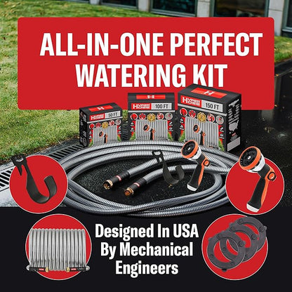 Best 50 ft Metal Garden Hose Set - No-Kink Durable 316 Stainless Steel, 10-Way Zync Spray Nozzle & Hook – Tough Flexible Heavy Duty Water Hoses, Naval Brass, Rust, Weather, LeakProof