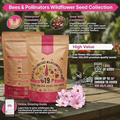 Organo Republic 19 Annual & Perennial Wildflower Seeds Mix for Indoor and Outdoors, Attract Bees & Butterflies. 100,000+ Non-GMO, Heirloom Wildflower Garden Seeds, 4oz Packet for Growing Wild Flowers