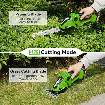 Hedge Trimmer Cordless, TOOVEM 2 in 1 Handheld Cordless Grass Shear with 2 Pcs Rechargeable Batterys and Charger, 24V Electric Weed Grass Cutter Shrubbery Trimmer for Garden, Lawn (Green)
