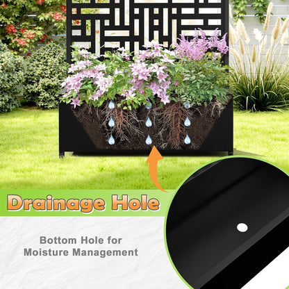 Metal Raised Garden Bed with Trellis, 2-in-1 Planter Box & Privacy Screen for Climbing Plants, Outdoor Standing Flower Bed with Drainage Holes, 35.4" L x 15.7" W x 70.1" H, Black-Helen
