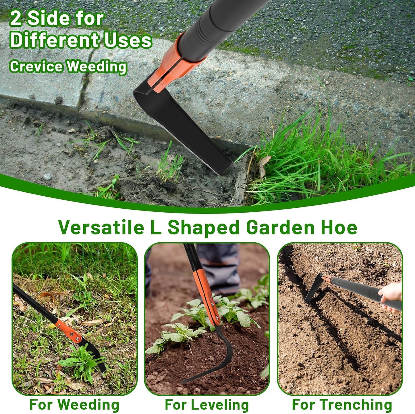 Small Garden Hoe with 71" Long Handle, L Shaped Gardening Weeding Tools with Three-Sided Sharp Blades, Hula Garden Hoe, Lightweight Weed Puller Tool for Trenching, Weeding, Loosening, Crack Weeder