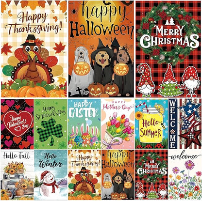 Seasonal Garden Flags Set of 12 Double Sided 12 x 18 Inch, Small Yard Flags for Outside, Summer Fall Garden Flag, Christmas Halloween Winter Outdoor Flag, Holiday Garden Decorations for All Season