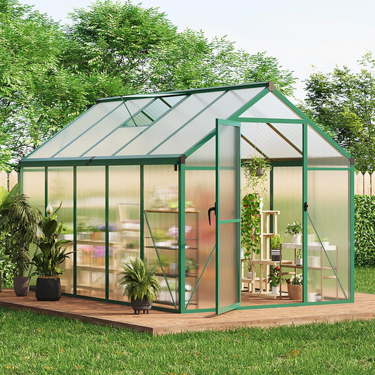 6x10 ft Greenhouse for Outdoors, Polycarbonate Greenhouse with Roof Vent, Ground Nails, Lockable Push Door, Aluminum Large Walk-in Green House for Outside Garden Backyard, Patio, Lawn, Green