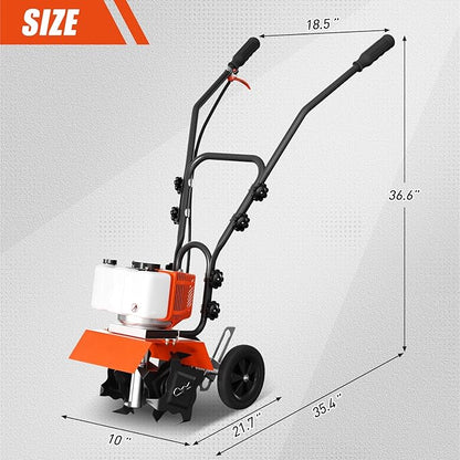 62cc Gas Tiller Cultivator, 10-Inch 2-Cycle Gas Powered Garden Tiller for Heavy Duty Soil, Self-Propelled Lawn Tiller with 4 Steel Tines & Adjustable Handle, Easy Pull Start for Clay/Dirt