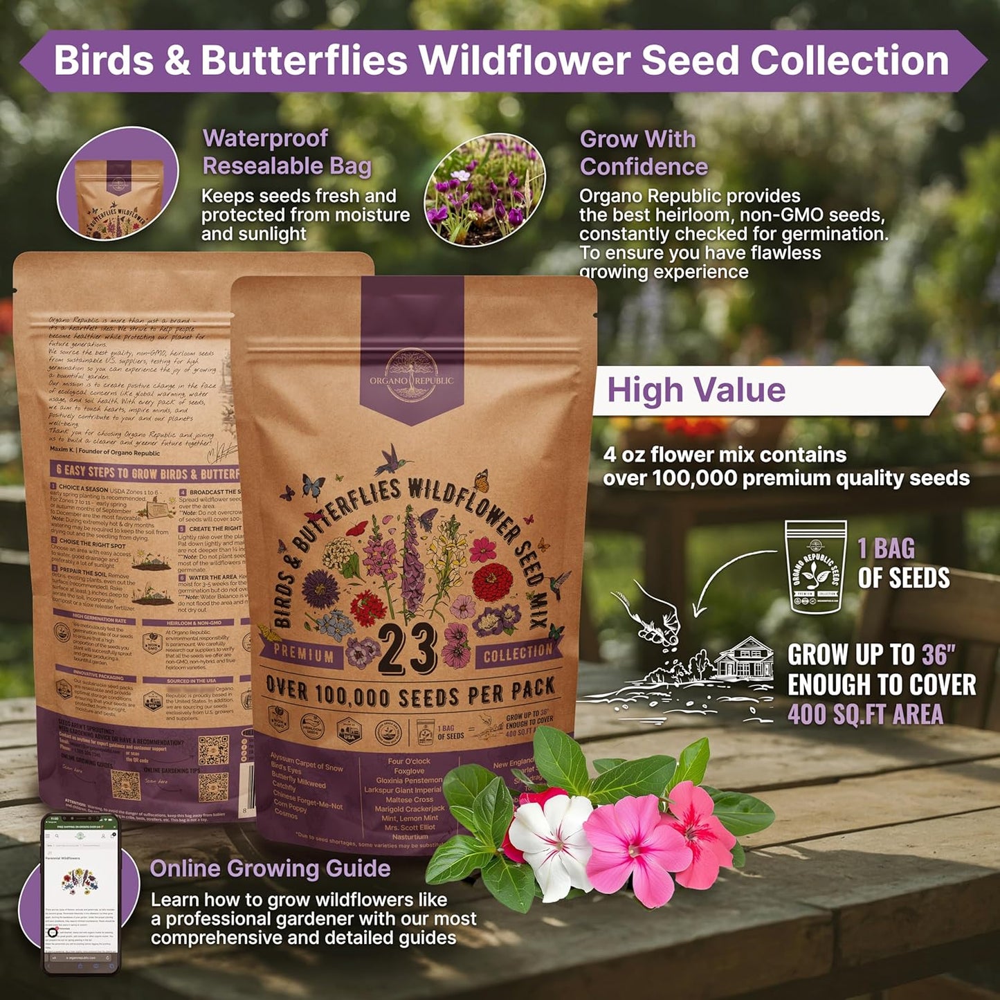 Organo Republic 23 Wildflower Seeds Annual & Perennial Mix for Indoor & Outdoors, Attract Birds & Butterflies 100,000+ Non-GMO, Heirloom Garden Seeds, 4oz Packet for Growing Wild Flowers