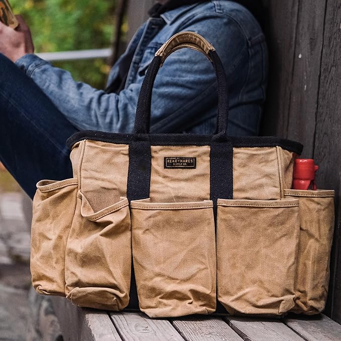 Readywares 14" Waxed Canvas Supply Bag/Garden Tool Tote/Cleaning Organizer/Mobile Bar/Versatile Storage Tote With Pockets/Utility Bag with Heavy Duty Handles