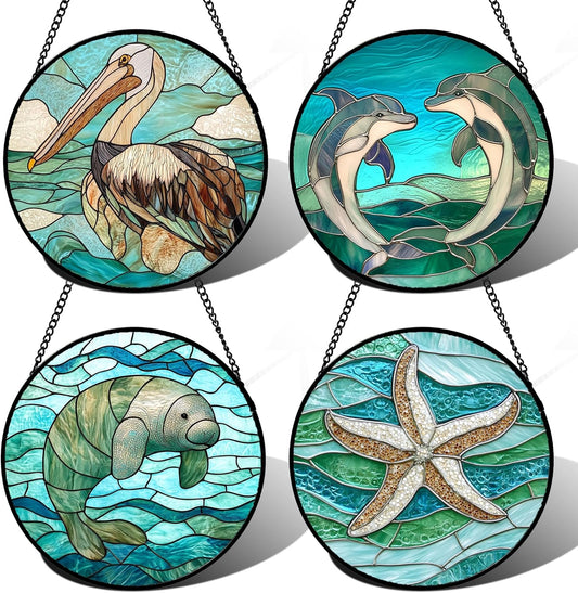 Stained Glass Window Hanging 4 Pcs Set Cyan Ocean Life Theme Large 15" - Sea Starfish Suncatcher Door Garden Sun Catcher Decor Birthday for Mom Woman Nana Men Friend