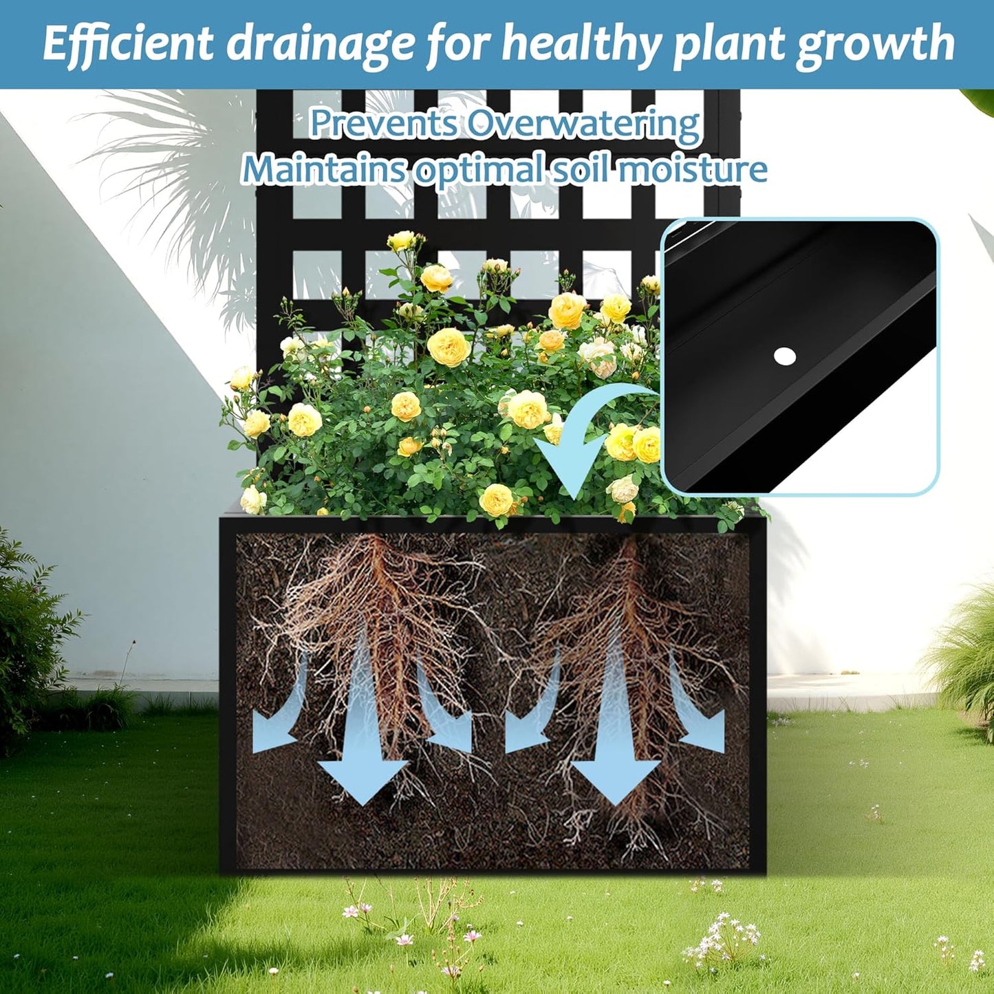 Metal Planter Box with Trellis, Raised Garden Bed with Privacy Screen, Outdoor Standing Flower Beds with Drainage Hole for Climbing Plants, Vine, 23" L x 12" W x 63" H, Black