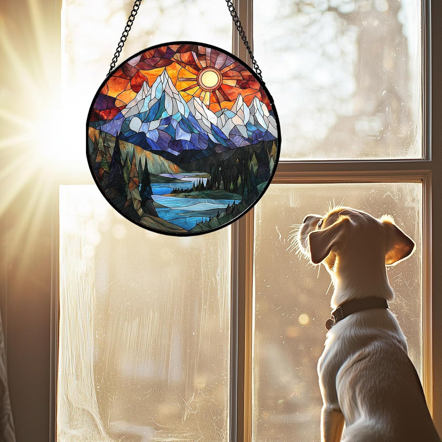 Stained Glass Window Hanging - Colorful Mountain Lake Landscape Sun Catcher for Door Garden Home Decor Suncatcher Christmas Mother's Day Birthday Gifts for Women Men Mom Nana 15 in
