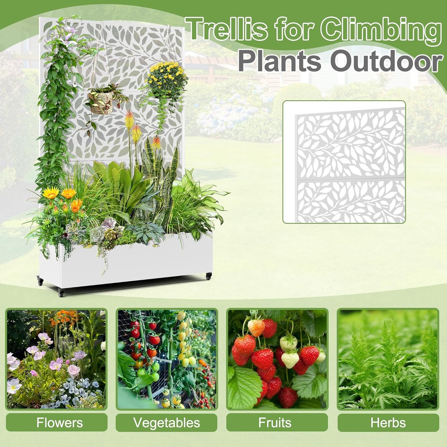 Raised Garden Bed with Trellis and Wheels,73"x47"x16" Metal Raised Garden Bed,White Flowing Leaf-2 Metal Planter with Climbing Trellis for Vines & Vegetables
