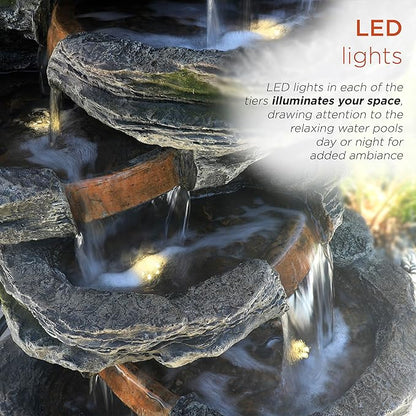 Alpine Corporation WIN1146 Outdoor Floor Cascading 8 Tiered Rock Garden Water Fountain with LED Lights, 58", Gray
