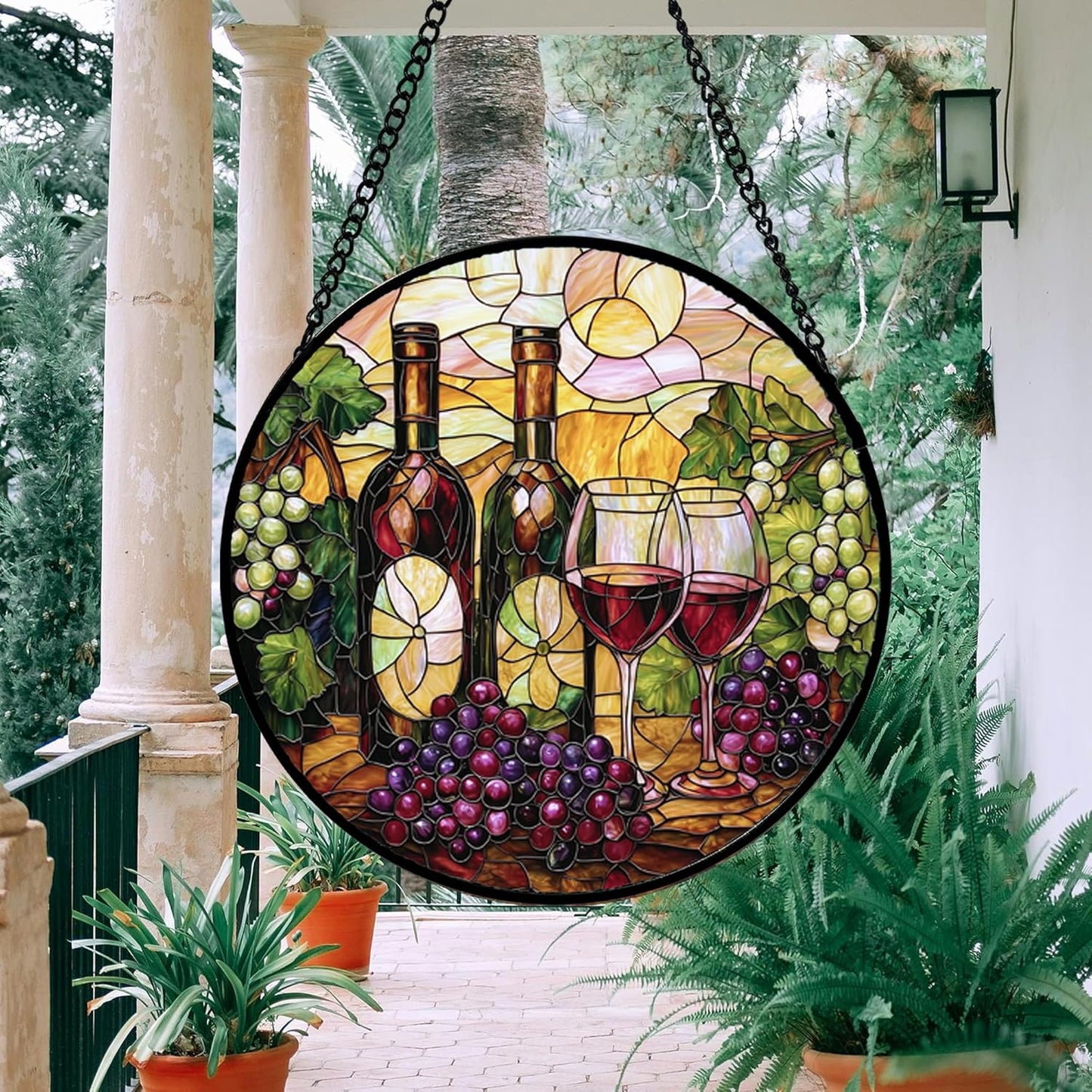 Stained Glass Window Hanging, Grapes and Wine Suncatcher Diamond Glass Panel Hangings Sun Catchers Decor for Birthday for Women, Men, Wife, Aunt, and Mom 14.9x14.9 in