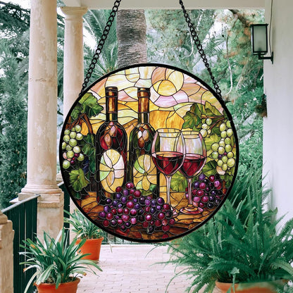 Stained Glass Window Hanging, Grapes and Wine Suncatcher Diamond Glass Panel Hangings Sun Catchers Decor for Birthday for Women, Men, Wife, Aunt, and Mom 14.9x14.9 in