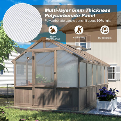 MUPATER 8' x 12' Outdoors Walk-in Greenhouse, Wood Greenhouse with Ventilated Window and Lockable Door, 6mm Polycarbonate Panels for UV Protection and Heat Insulation,Suitable for Patio, Backyard