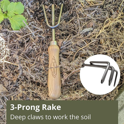 Classic 3-Piece Garden Tool Set - Durable Stainless Steel with Wood Handles. Trowel, Rake & Transplanter for Easy Digging, Weeding & Planting - by Truly Garden