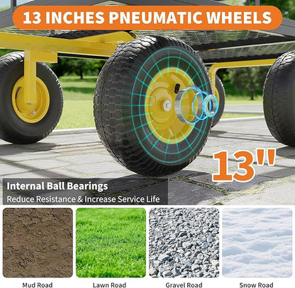 Metal Wagon - 1400lbs Garden Cart with 10" Multi-Terrain Tires, 4 Removable Mesh Sides & 180° Swivel Handle, Yard Wagon Cart for Lawn, Yard, Patio Gardening