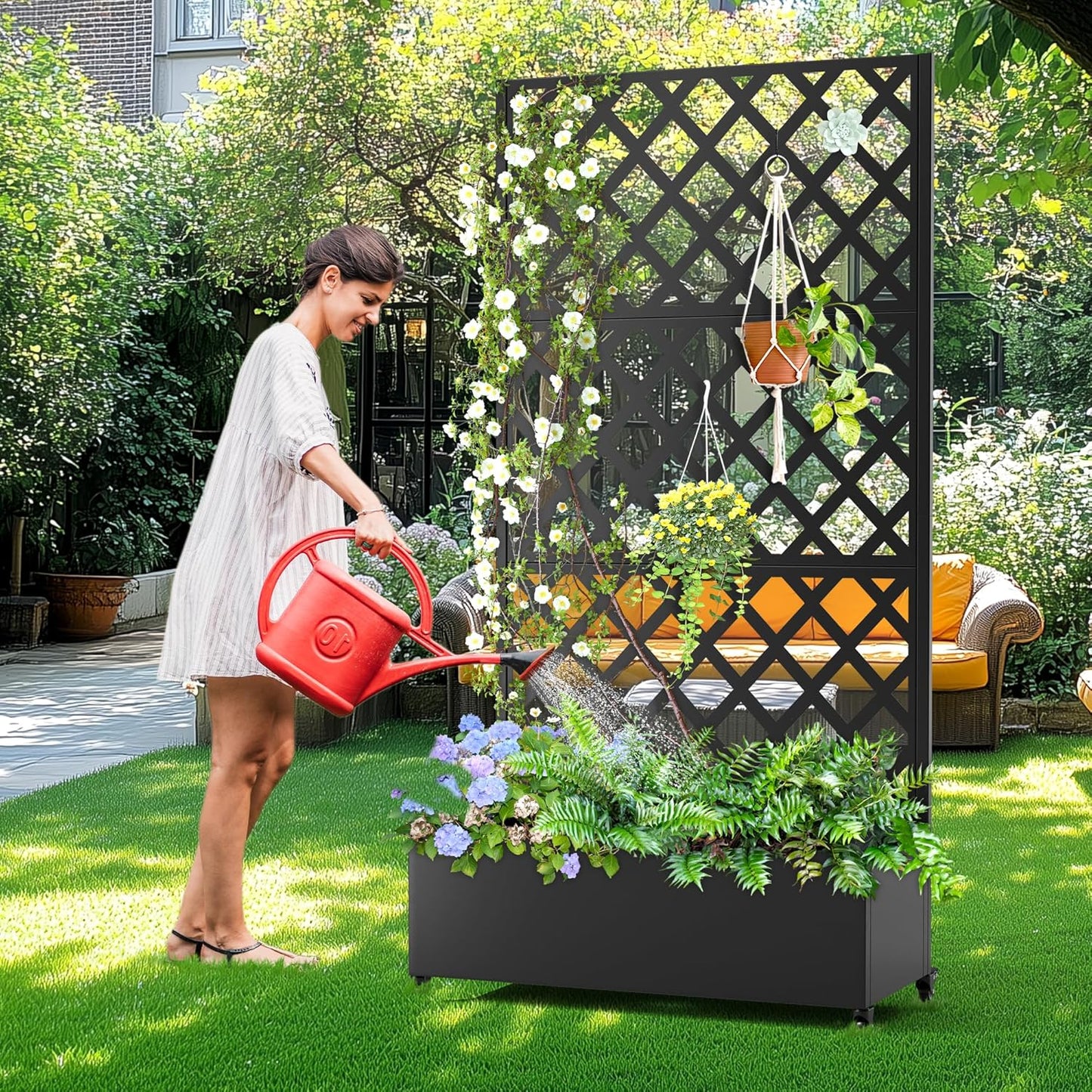 Metal Planter Box with Trellis, Raised Garder Bed with Drainage Hole, Privacy Screen & Trellis for Climbing Plants, Outdoor Plant Stands, 35''L×17''W×73''H, Black