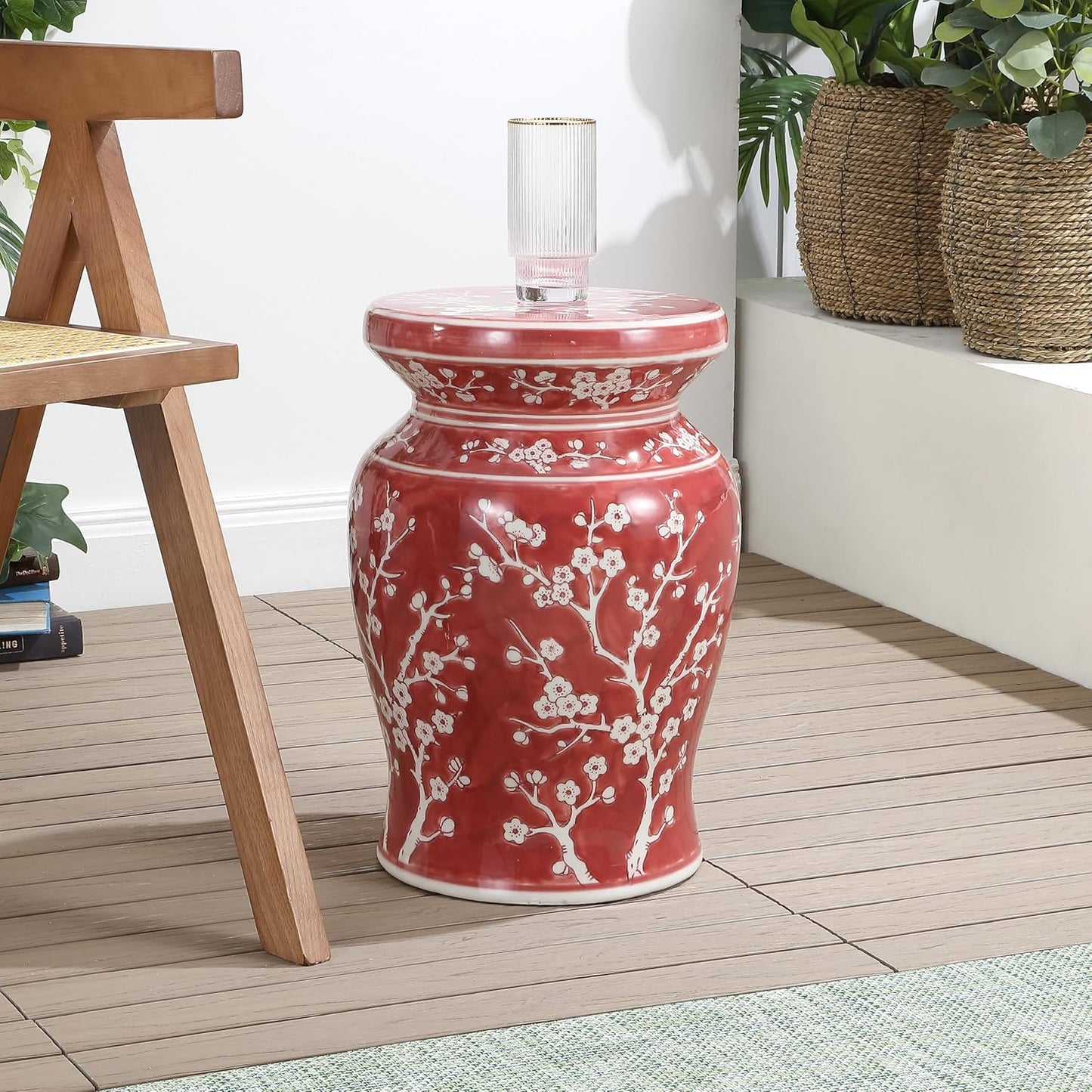JONATHAN Y TBL1017B Cherry Blossom 17.75" Ceramic Indoor/Outdoor Garden Stool Coastal, Contemporary, Transitional, Patio, Garden Room, Bathroom, Living Room, Red/White