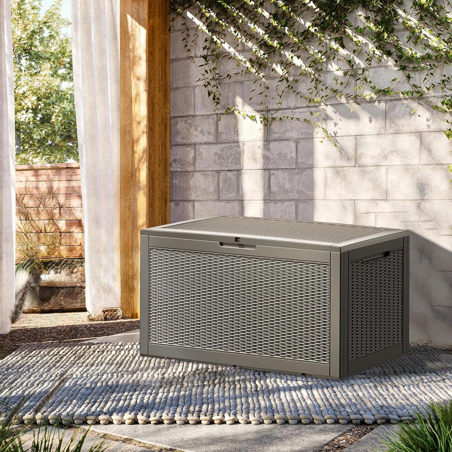 TARKARI 100 Gallon Lockable Resin Deck Box, Waterproof & UV-Resistant Outdoor Storage Box for Outdoor Cushion Storage, Garden Tools & Pool Accessories Storage, Gray