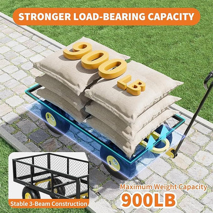 900 Lbs Garden Wagon, 2-in-1 Heavy-Duty Steel Garden Cart, with 10 Inch All-Terrain Tires and Removable Mesh Side Panels, 180° Rotating Handle, Metal Multi-Function Carts, Outdoor Gardens Wagon Cart