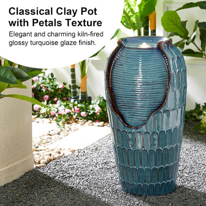 Glitzhome 28.25" H Oversized Ceramic Petals Textured Jar Outdoor Water Fountain, Vintage Turquoise Glaze Vase Patio Garden Waterfall Fountain with LED Light and Submersible Pump