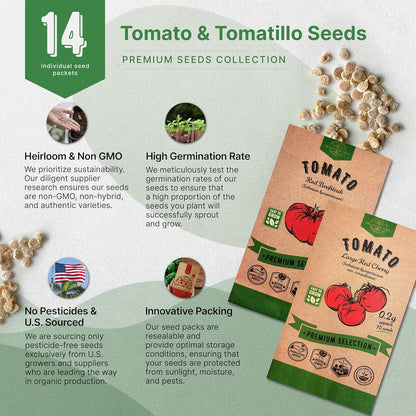 Organo Republic 14 Rare Tomato & Tomatillo Garden Seeds Variety Pack - 1,020+ Non-GMO Heirloom Tomato & Tomatillo Seeds for Outdoors & Indoor Home Gardening