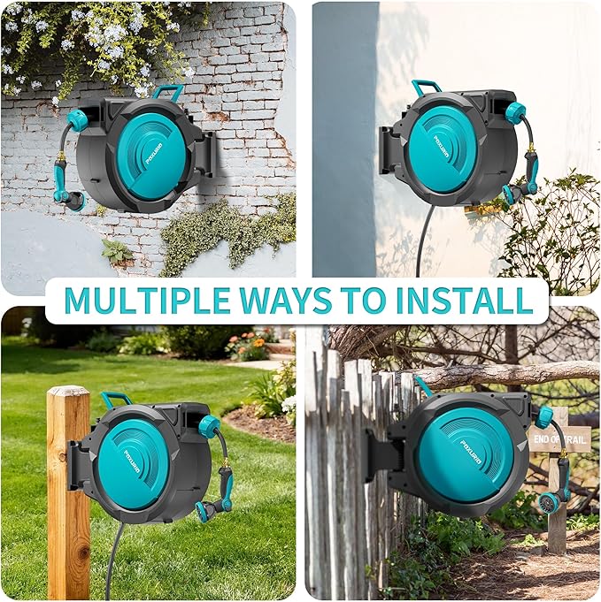 1/2" 150FT Retractable Garden Hose Reel, Wall Mounted Automatic Hose Reel with Upgraded 10 Pattern Nozzle/Any Length Lock/Slow Return System/180°Swivel Bracket, AquaBlue