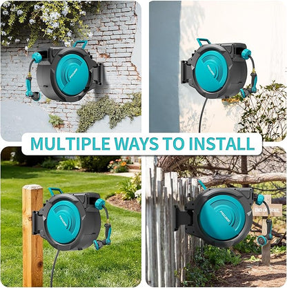 1/2" 150FT Retractable Garden Hose Reel, Wall Mounted Automatic Hose Reel with Upgraded 10 Pattern Nozzle/Any Length Lock/Slow Return System/180°Swivel Bracket, AquaBlue