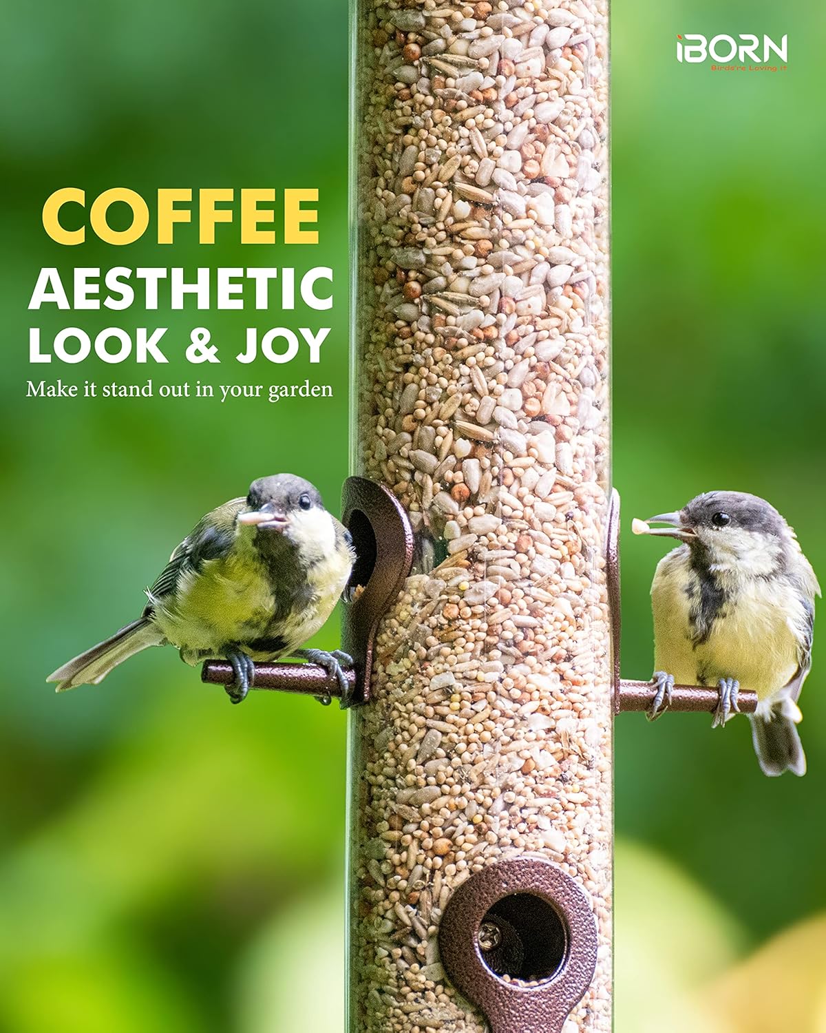 iBorn Metal Bird Feeder Hanging Wild Bird Seed Feeder for Mix Seed Blends Heavy Duty All Metal Coffee Finish,14 Inch 6 Port,Pack of 2