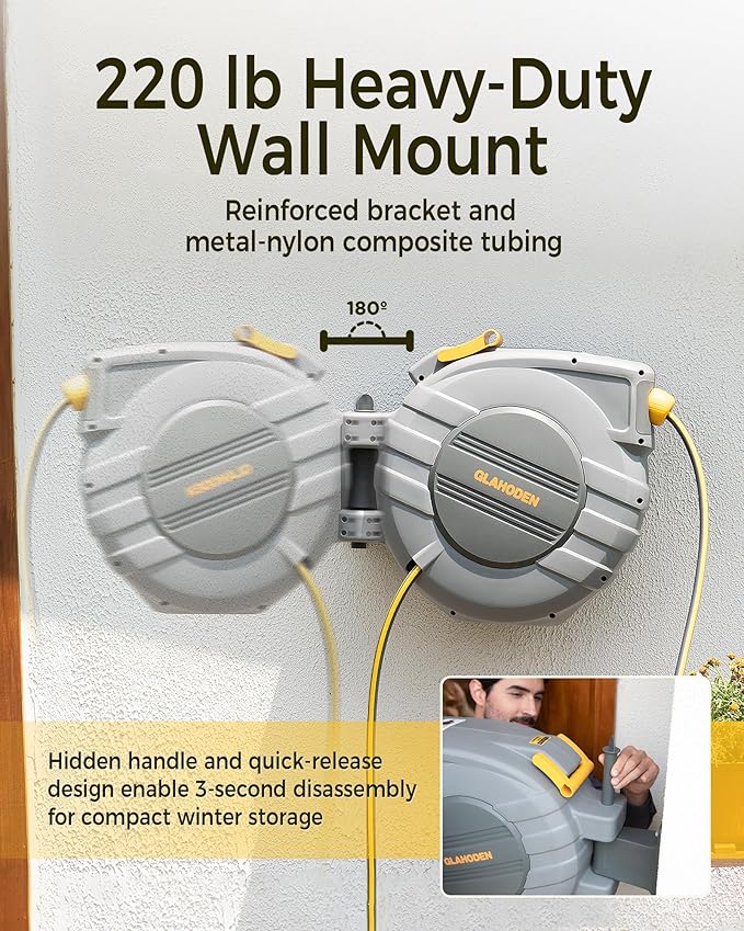 GLAHODEN Retractable Garden Hose Reel 5/8 in x 65 ft, 2025 Upgraded Dual Ratchet Lock UV & Freeze Protection Brass Seal Slow Retraction Anti-Tangle Hose 180°Swivel Reinforced Scaffold Wall Mount