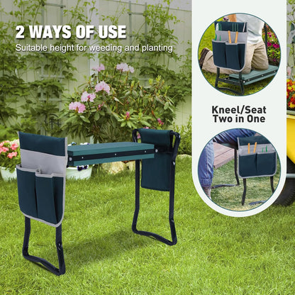 LUCKYERMORE Folding Garden Kneeler and Seat, 2 in 1 Kneeling Pad and Stool with Tool Pouches, Portable Kneeler Seat with Soft Kneeling Pad for Gardening, Outdoor Garden Stool Support Up to 300 lbs