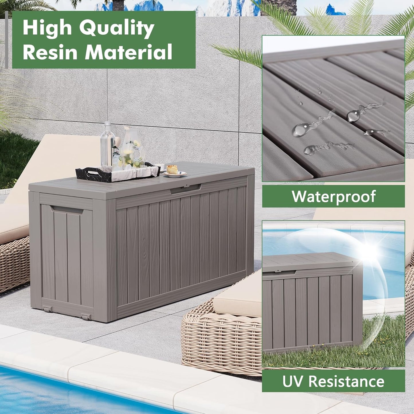 Outdoor Storage Box, Resin Deck Boxes Indoor and outdoor, Waterproof Storage Box Lockable Lid (Grey, 73 Gallon)