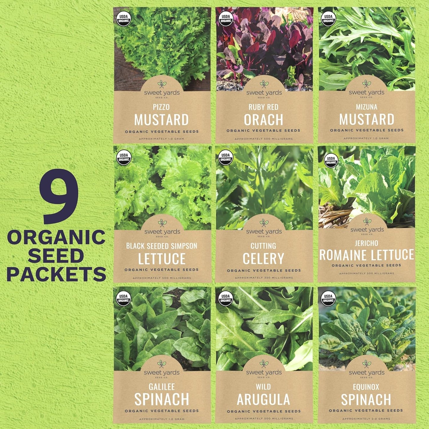 Organic Heat Tolerant Lettuce Seeds Variety Pack - 9 Individual Packs - 2025 Season - Galilee Spinach, Wild Arugula, Romaine Lettuce & More! for Indoor & Outdoor Planting (Non-GMO, Certified Organic)
