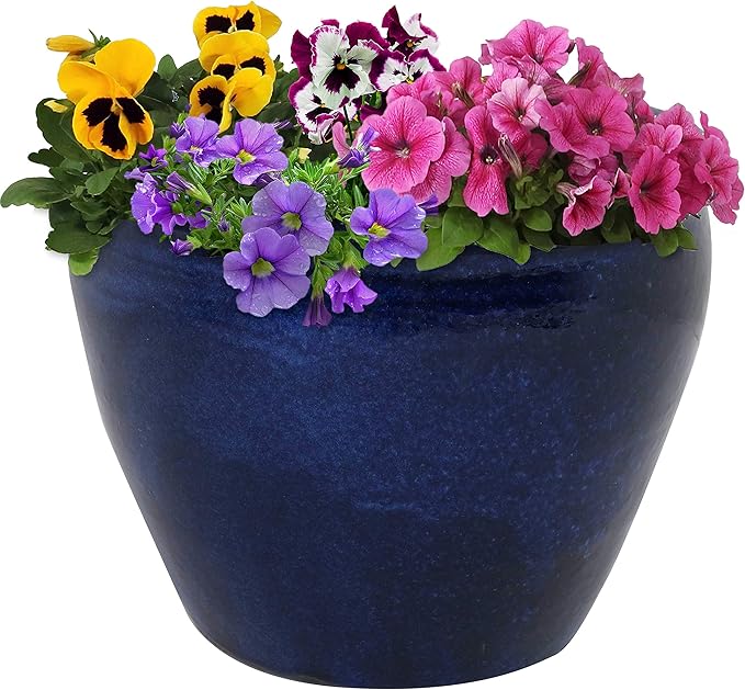 Sunnydaze Large Ceramic Plant Pot - Round Outdoor Glazed Ceramic Planter Pot with Drainage - Chalet - Imperial Blue - 14.5"